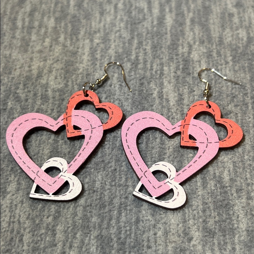 Earrings Valentines Day heart wooden triple open dangle lightweight colorful new